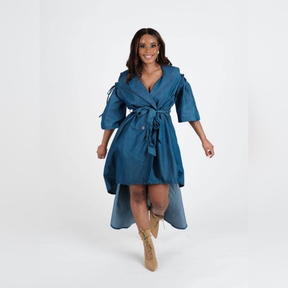 Promising Perfection Cold-Shoulder Self-Tie Denim Midi Dress - Picture 2 of 6
